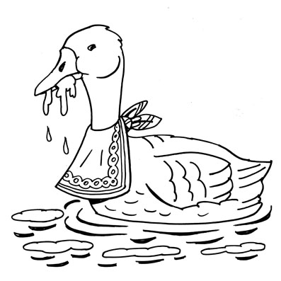 Ganso con una servilleta en el cuello comiendo algas