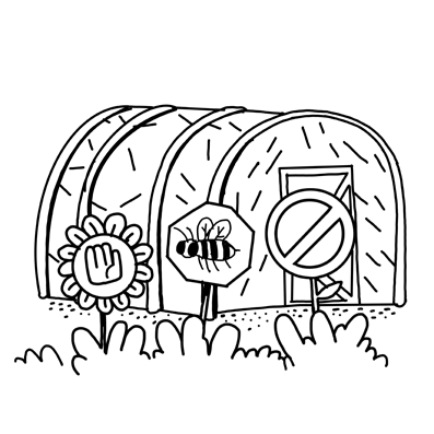 ilustración en blanco y negro de invernadero con tres signos frente a él: una flor con una mano al centro, un hexágono con una abjea y un círculo con una línea en medio enseñal de prohibido