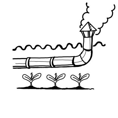 Ilustración en blanco y negro de tres brotes, con dos hojas cada uno, saliendo del suelo, y sobre ellos una chimenea de vapor
